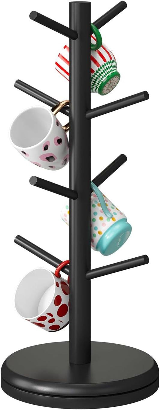 Mug Holder Tree 360° Rotated Mug Tree Coffee Cup Holder Bamboo Rack Stand 8 Hooks for Countertop Cup Rack Kitchen Coffee Bar Organizer Decorative Mug Racks (Black)