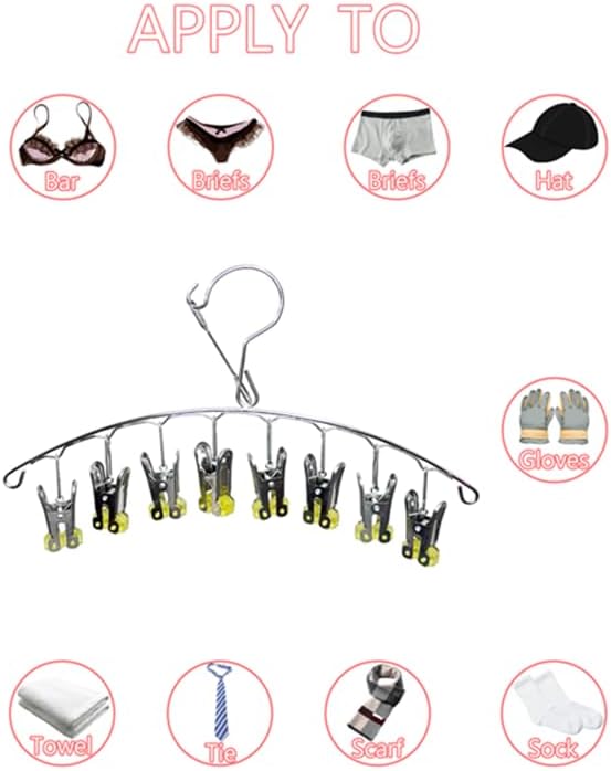 Quick Release Arc Stainless Steel Laundry Drying Rack with 8 Clips,Swivel Hook Wind-Proof Clothes Hanger Rack for Sock, Bras, Underwear, Laundry Accessories
