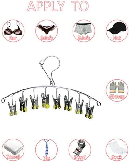 Quick Release Arc Stainless Steel Laundry Drying Rack with 8 Clips,Swivel Hook Wind-Proof Clothes Hanger Rack for Sock, Bras, Underwear, Laundry Accessories