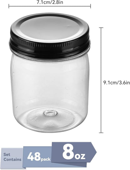 novelinks Plastic Jars With Lids 48Pcs 8 oz Mason Jars Food Storage for Milkshakes Juice Nuts Cupcakes (Black, 48 Pack 8 Ounce)