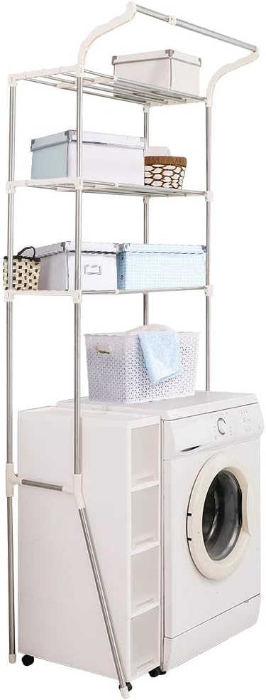 BAOYOUNI Adjustable Laundry Shelf Over Toilet Washing Machine Storage Rack Above Washer Dryer Standing Bathroom Organizer 3-Tier Space Saving Shelving Units, Ivory