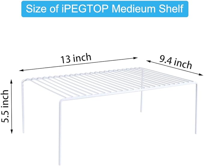 iPEGTOP Set of 2 Kitchen Cabinet Shelf Organizer, Medium (13 x 9.4 Inch) Bathroom Cabinet Organization Wire Shelf Rack, Rustproof Storage Space Saver Shelves for Countertops Pantries Utensils -White
