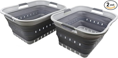SAMMART 42L (11 gallon) Collapsible Plastic Laundry Basket - Foldable Pop Up Storage Container/Organizer - Portable Basket - Space Saving Hamper (Grey/Dark Grey (Set of 2))
