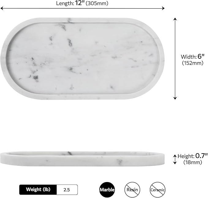 Faticdorr Carrara White Marble Tray, 2 Pcs, Marble Vcnity Tray, Bathroom, Decor for Trinket Perfume Jewelry Candle, 12 Inch Oval