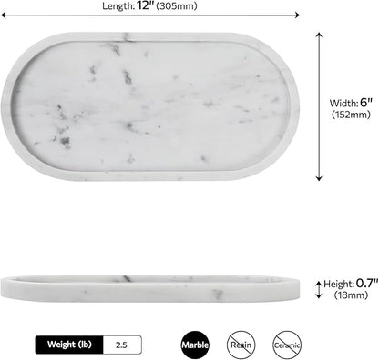 Faticdorr Carrara White Marble Tray, 2 Pcs, Marble Vcnity Tray, Bathroom, Decor for Trinket Perfume Jewelry Candle, 12 Inch Oval