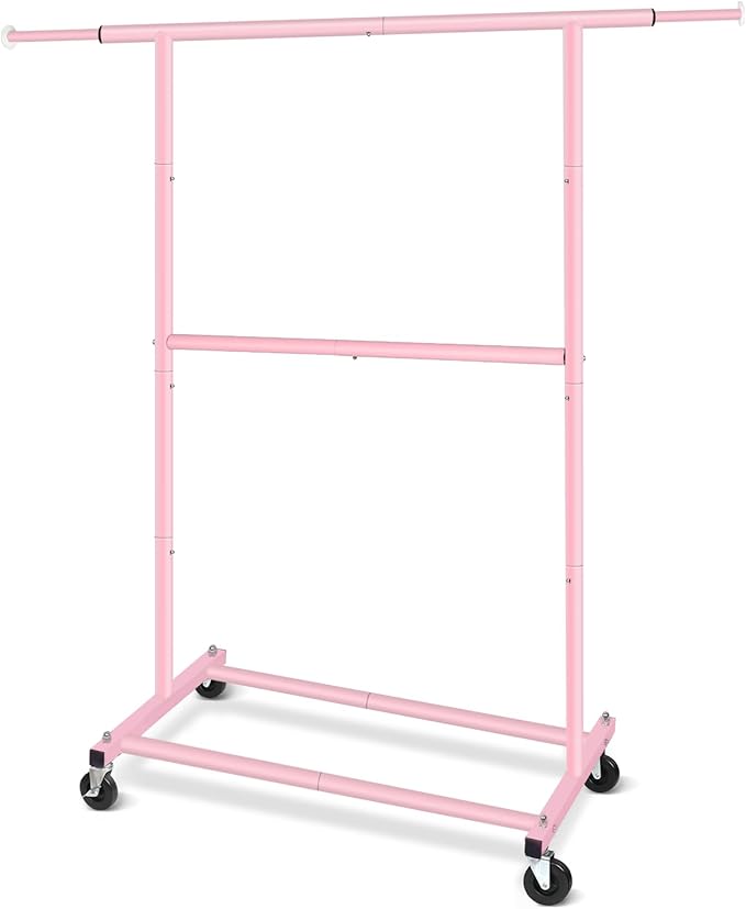 Pink Simple Standard Double Rod Rolling Clothing Garment Rack for Hanging Clothes, Metal Clothes Organizer with Lockable Wheels Mobile for Women, Girls and Kids, Portable Freestanding