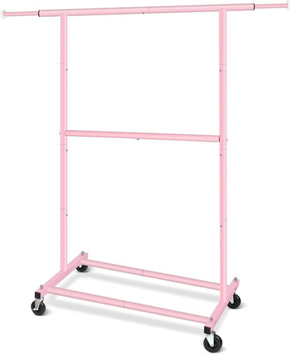 Pink Simple Standard Double Rod Rolling Clothing Garment Rack for Hanging Clothes, Metal Clothes Organizer with Lockable Wheels Mobile for Women, Girls and Kids, Portable Freestanding