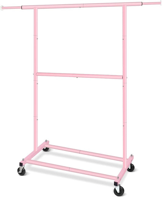 Pink Simple Standard Double Rod Rolling Clothing Garment Rack for Hanging Clothes, Metal Clothes Organizer with Lockable Wheels Mobile for Women, Girls and Kids, Portable Freestanding