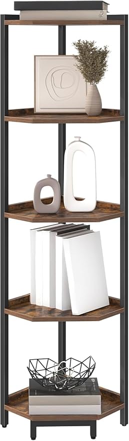 Corner Shelf Stand, Corner Bookshelf, Storage Standing Shelf Unit with Metal Frame, Plant Stand, Corner Bookcase for Living Room, Home Office, Bedroom, 5-Tier Rustic Brown CS05901B