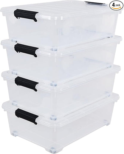 Feicanhao 4-Pack 20 L Plastic Under Bed Storage Container with Lids, Underbed Clear Organizer Bin with Wheels