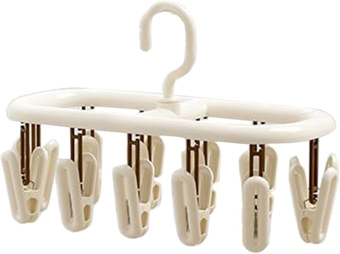 Beige Socks Drying Rack, Foldable Multifunctional Clothes Hanger with 12 or 20 Clips, Plastic, Space-Saving for Socks, Underwear, Gloves, Towels, Rotatable Hook for Easy Hanging (12 Clips)