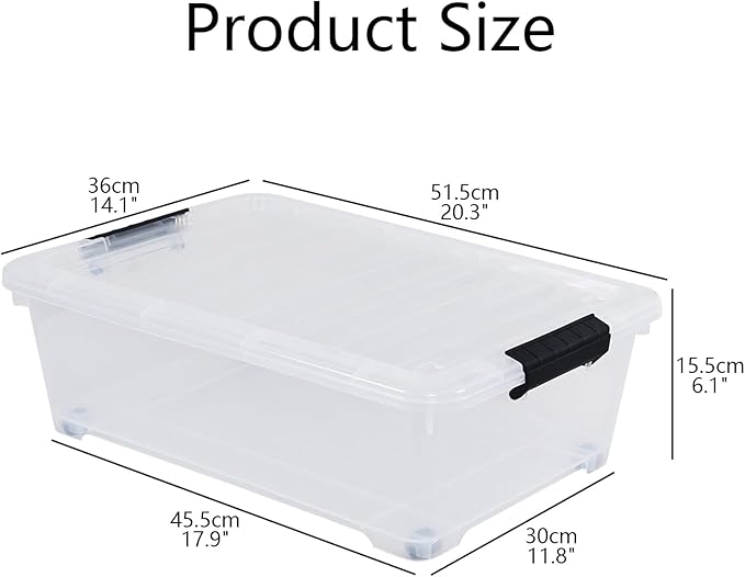 Feicanhao 4-Pack 20 L Plastic Under Bed Storage Container with Lids, Underbed Clear Organizer Bin with Wheels