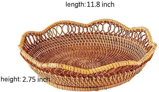 Hand-Woven Storage Basket Rattan Storage Tray Wicker Baskets Bread Fruit Food Breakfast Display Container Box Handicrafts Home Decoration (L (11.8 * 2.75 Inch))