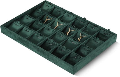 Velvet Necklace Display Tray, Stackable 24 Grid Insert Pendant Necklaces Storage Holder Plate, Jewelry Retail Countertop Organizer (Green)