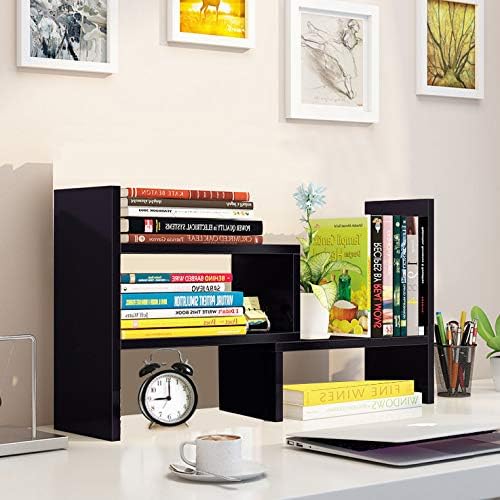 Desk Shelf, Adjustable Desktop Storage Organizer, Wood Display Shelf Rack, Office Supplies Desk Organizer, Black