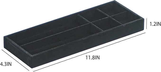Divided Drawer Organizer Tray, Velvet Jewelry Storage Tray, Necklace Bracelet Ring Earring Display Tray,Bedside Nightstand Desk Holder Tray for Phone Watch Sunglasses Cosmetics Storage/Black/6grid