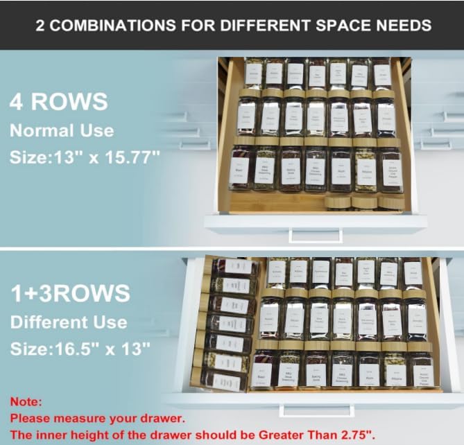 KitHero Spice Drawer Organizer with 24 Bamboo-lidded Spice Jars and 216 Labels,Non-slip Rubber, Bamboo 4 Tier Spice Racks Tray Seasoning Containers for Kitchen Drawers,Cabinets,13" Wide * 15.8" Deep