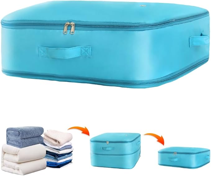 Posurry Space saver bag,for quilts, duvets or other fluffy clothing.Measures 21" L x 16.5" W x 11.2" H when unfolded and 21" L x 16.5" W x 4.8" H when compressed.Green