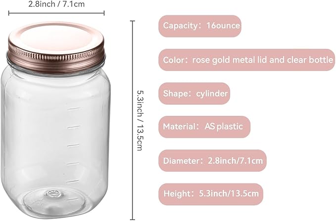 novelinks 16 oz Clear Plastic Jars with Lids, Refillable 16oz Mason Jars with Lids & Storage Containers for Kitchen & Household Use (24 Pack,Rose Gold)