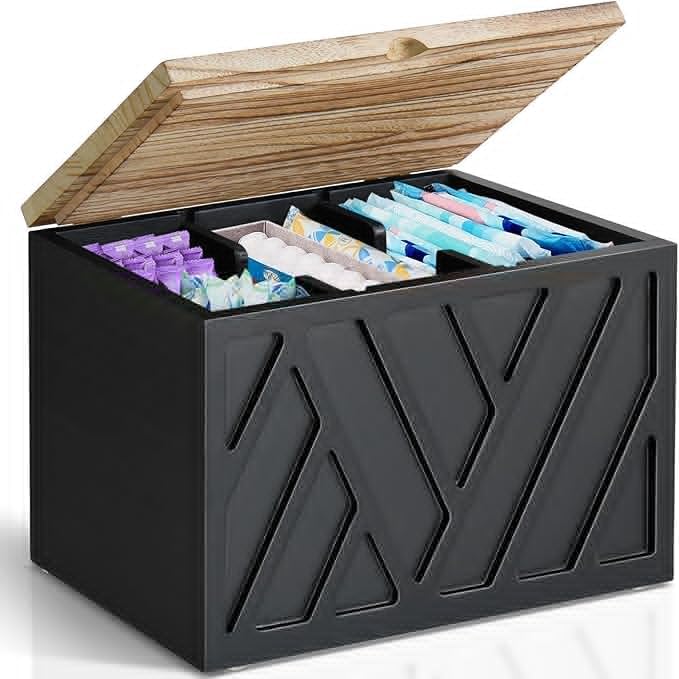 Tampon Holder for Bathroom Decor Feminine Product Organizer With Lid Shark Week Box Wooden Pad Girl Stuff Box (BLACK, lid) (1, BLACK)