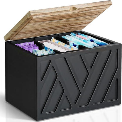 Tampon Holder for Bathroom Decor Feminine Product Organizer With Lid Shark Week Box Wooden Pad Girl Stuff Box (BLACK, lid) (1, BLACK)