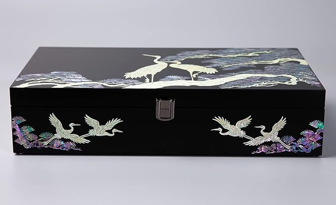 Antique Alive Mother of Pearl Wood Sunglasses Box Eyeglasses Valet Display Storage Case for Glasses, Watches, Jewelry, Trinkets Wooden Accessory Organizer Gift (Crane & Pine Black)