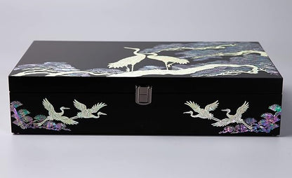 Antique Alive Mother of Pearl Wood Sunglasses Box Eyeglasses Valet Display Storage Case for Glasses, Watches, Jewelry, Trinkets Wooden Accessory Organizer Gift (Crane & Pine Black)