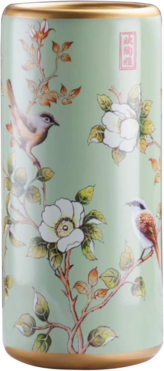 Umbrella Stand Painted Porcelain Handmade Living Room Floor-Standing Cane,Vintage Ceramics Decorative Flower Vases for Home Office Entrance(Light Green)