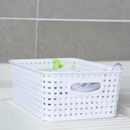 White Plastic Woven Storage Baskets, 6-Pack Weave Basket Organizer for Kitchen Office Bathroom