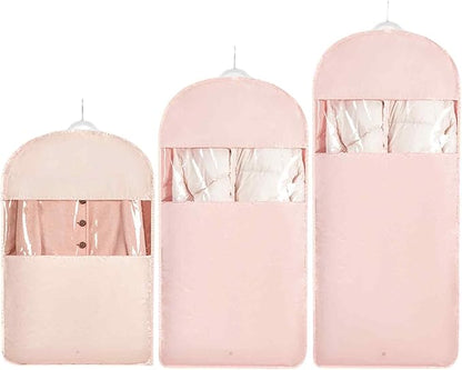 Space Saving Hanging Garment Bag with Self Compression Zipper，Dust Cover Clothes Bags for Down Coat,Dress,Suit，Closet Storage Organizer for Home Travel Use(Pink, M+L+XL)