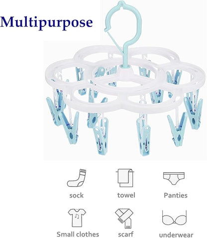 Clothespin Rack Laundry Drying Rack,Clothes Hangers with 16 Clips,Clip Hanger Drip Hanger for Drying Underwear,Baby Clothes,Socks,Bras,Towel,Pants,Hat,Scarf,Cloth Diapers,Gloves (Light Blue)