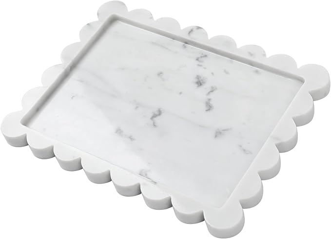 Faticdorr Carrara Natural Marble Scalloped Tray 10.8" x 8", Marble Vanity Tray for Jewelry Trinket Cosmetics Perfume Candle, Luxury Decorative Trays for Bathroom Kitchen Dresser Countertop, White