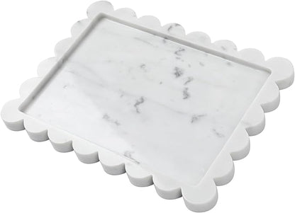 Faticdorr Carrara Natural Marble Scalloped Tray 10.8" x 8", Marble Vanity Tray for Jewelry Trinket Cosmetics Perfume Candle, Luxury Decorative Trays for Bathroom Kitchen Dresser Countertop, White