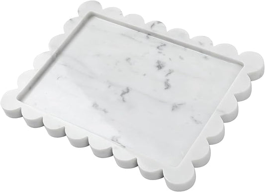 Faticdorr Carrara Natural Marble Scalloped Tray 10.8" x 8", Marble Vanity Tray for Jewelry Trinket Cosmetics Perfume Candle, Luxury Decorative Trays for Bathroom Kitchen Dresser Countertop, White