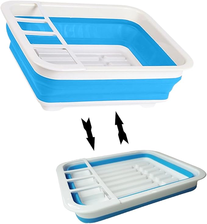 Collapsible Dish Rack Foldable Dish Drying Rack Portable Dish Drainer Dinnerware Organizer Rack Folding Tableware Storage Rack Cutlery Rack for Kitchen Counter RV Camper Accessories (White Blue)