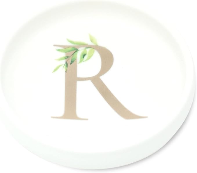 Cedar and Ink Ring Dish with Personalized R in Gold Foil & Greenery, Monogrammed Jewelry Dish, Accessories & Wedding Ring Holder, Dressing Table Tray (R)