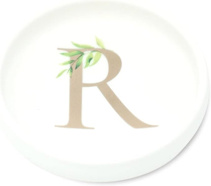 Cedar and Ink Ring Dish with Personalized R in Gold Foil & Greenery, Monogrammed Jewelry Dish, Accessories & Wedding Ring Holder, Dressing Table Tray (R)
