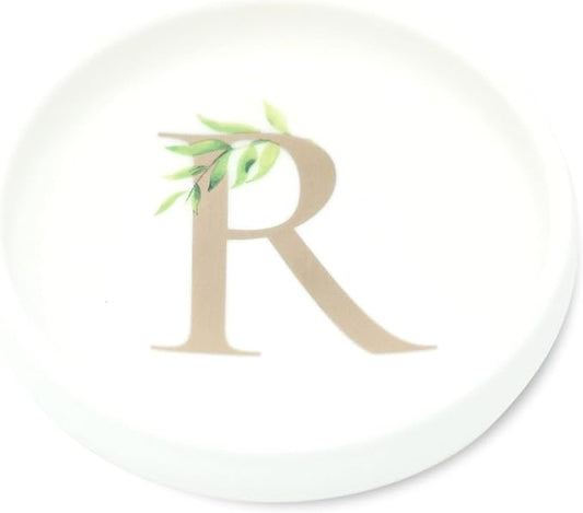 Cedar and Ink Ring Dish with Personalized R in Gold Foil & Greenery, Monogrammed Jewelry Dish, Accessories & Wedding Ring Holder, Dressing Table Tray (R)