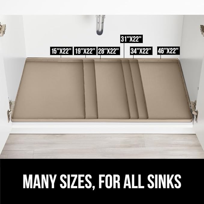 GORILLA GRIP Waterproof Silicone Under Sink Mat with Raised Lip for Kitchen and Bathroom, Cabinet Shelf Liner Stay in Place Mats Dishwasher Safe Drawer Liner, Organizer Tray, 19 x 22 in, Beige