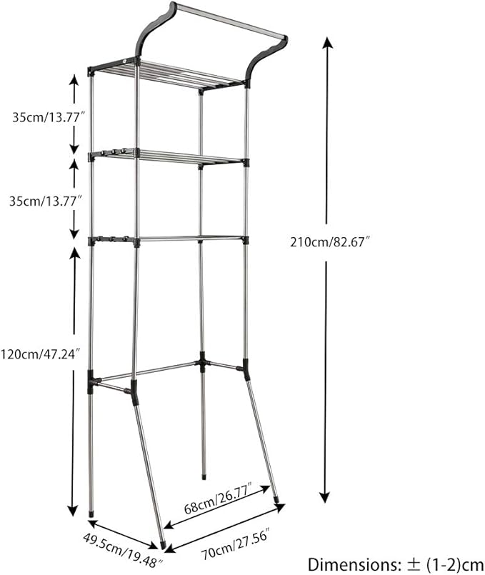 BAOYOUNI 3-Tier Over The Laundry Shelf Above Toilet Washing Machine Dryer Storage Utility Rack Clothes Hanger Rod Standing Bathroom Organization Space Saving Shelving Units, Grey