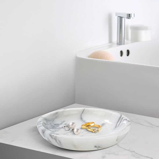 Amaauto Natural Marble Jewelry Tray 5.5", Trinket Dish for Ring Earring, Gift for Woman Daugther (Arabescato Calacatta)