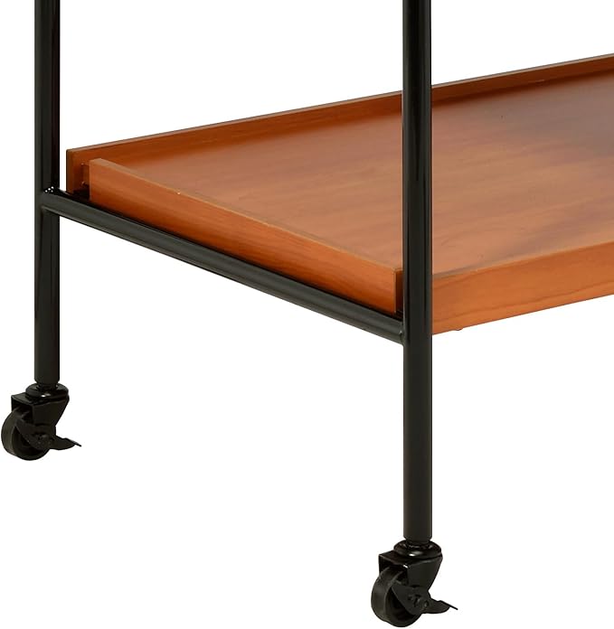 3-Tier Rolling Bar Cart, Honey Oak & Black Metal Frame, 29W x 14D x 33H inches