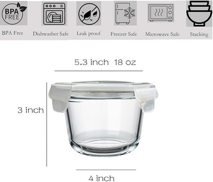 2Cup Glass Soup Container with Airtight lids, 16oz Round Glass food Storage Container, Round Food Bowls BPA free, Leakproof Soup Container, Dishwasher Microwave & Freezer Safe (4 Pack)
