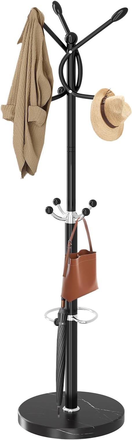Metal Coat Rack with Natural Marble Base, Coat Rack Stand with 10 Hooks & Umbrella Holder, Black Modern Freestanging Coat Racks, Coat Jacket Hanger Tree Stand for Corner Entryway Office