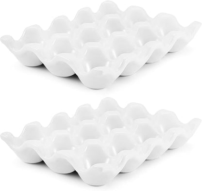 Flexzion 12 Cups Ceramic Egg Holder for Fridge - Dozen Ceramic Egg Tray Porcelain Container Storage Organizer Decorative Serving Stand Serveware for Refrigerator Countertop Display (White, 2 Pack)