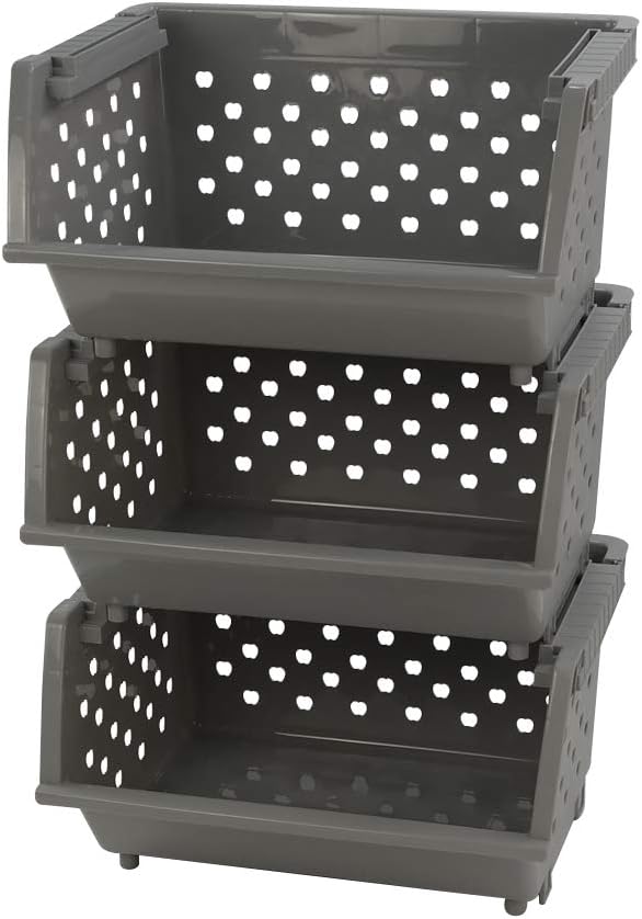 3 Pack Plastic Stacking Organizer Basket, Open Front Large Stackable Storage Bins, Gray