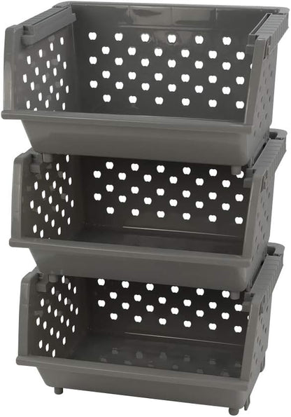 3 Pack Plastic Stacking Organizer Basket, Open Front Large Stackable Storage Bins, Gray