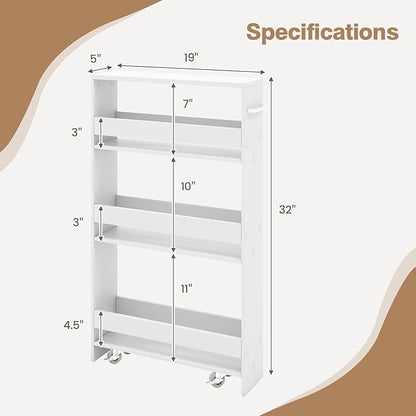 Slim Storage Cart, 4 Tier Narrow Storage Cabinet Between Washer and Dryer, 4 Universal Wheels w/Convenient Handle, Modern Skinny Bathroom Cart for Kitchen, Bathroom, Laundry Room (White)