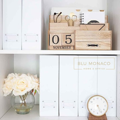 BLU MONACO Set of 6 Foldable White Magazine File Holders | Vertical Desk File Organizer Boxes With Leather Label Holders | Stylish Cardboard Magazine Storage for Shelves, Workspace and Home Office