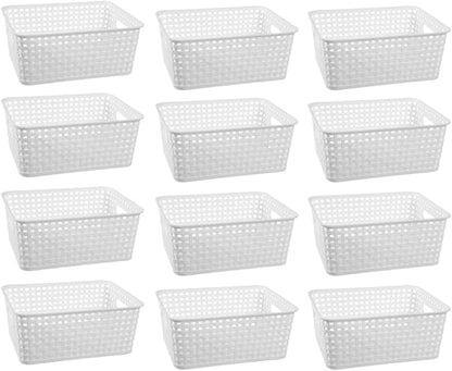 White Plastic Woven Storage Baskets, 12-Pack Weave Basket Organizer for Kitchen Office Bathroom